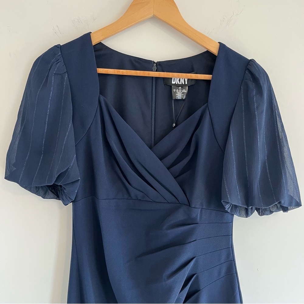 DKNY Women’s Cocktail Dress size 2 Navy Blue Full Length Pouf Sleeve Mermaid - Picture 4 of 15
